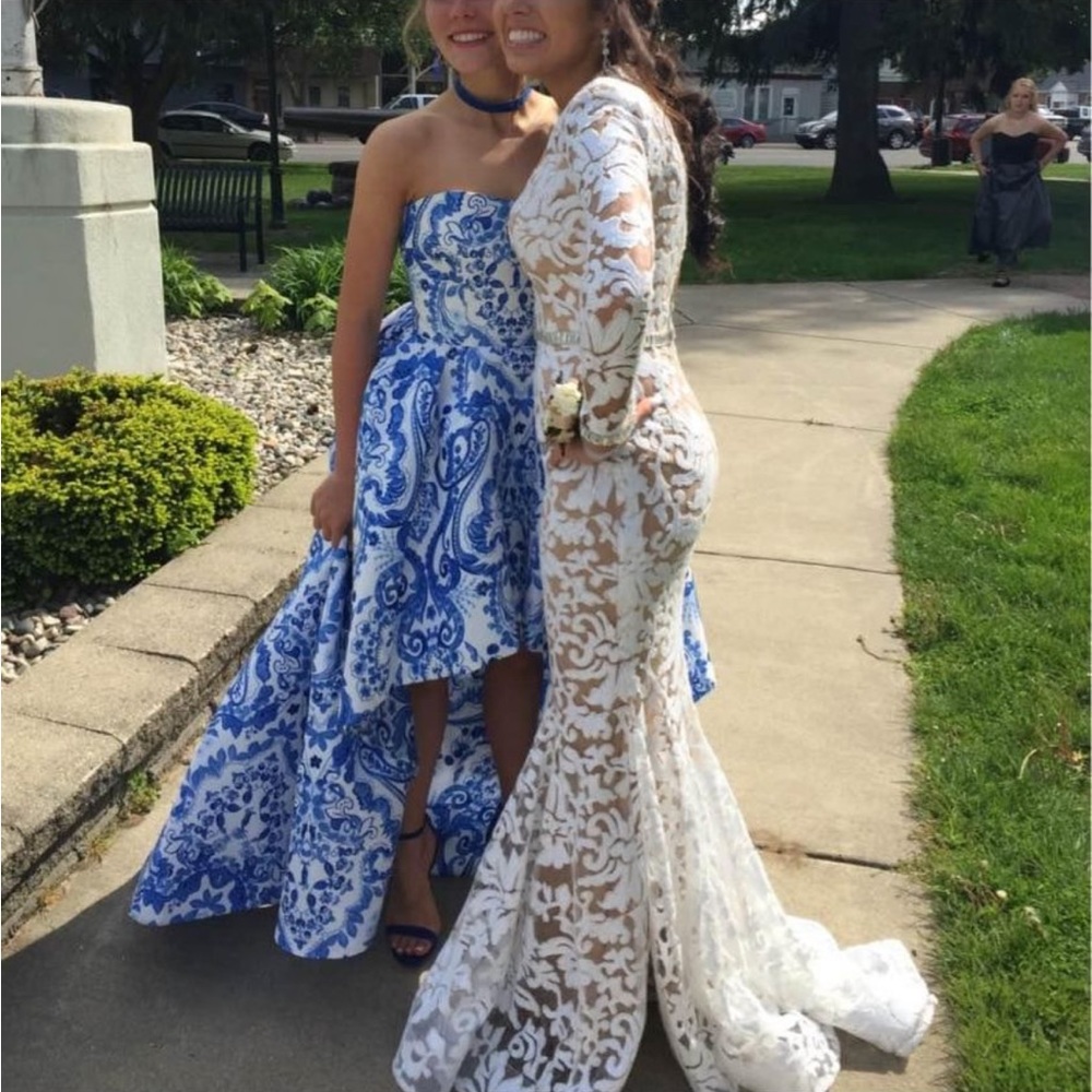 White and beige formfitting prom dress